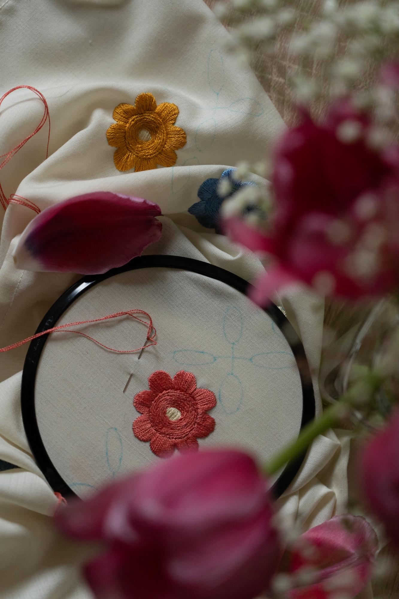 close-up of embroidered floral sampler on linen